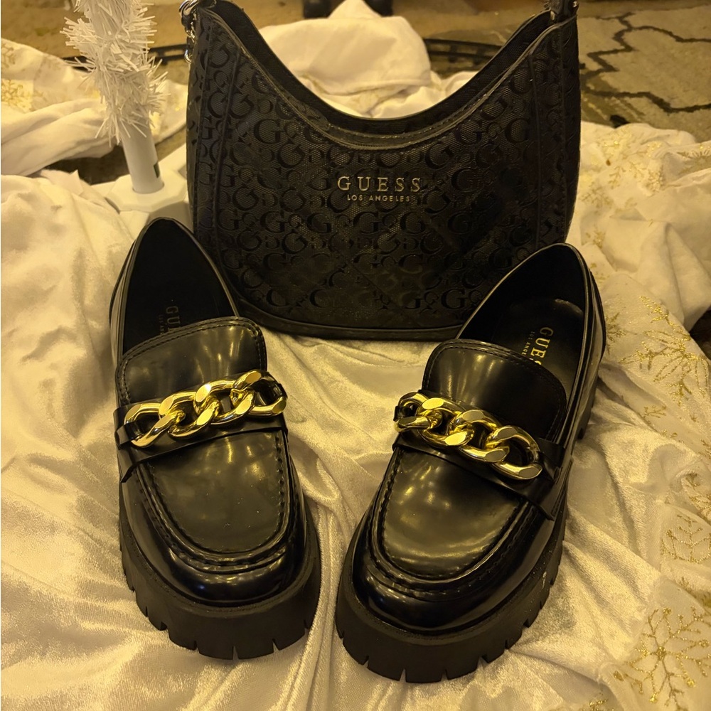 GUESS Black Monogram Shoulder Bag + Black Chunky Loafers w/ Gold Chain